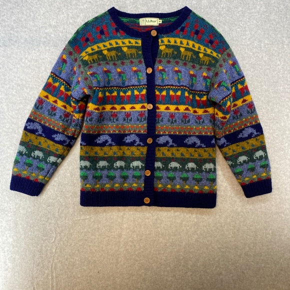 Vintage LL Bean Wool Cardigan Sweater Womens M Animals Farm RARE Wood Buttons